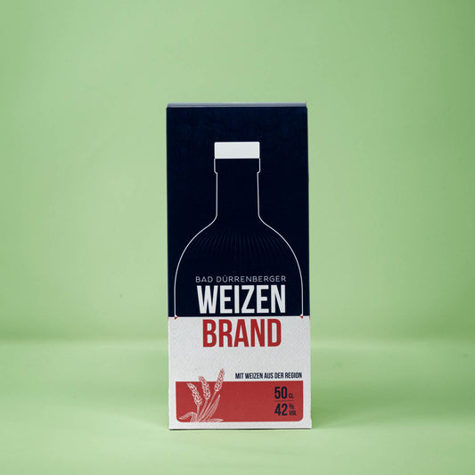 Frontalansicht der Pappverpackung Bad Duerrenberger Edelbrand Weizen 500 Milliliter.