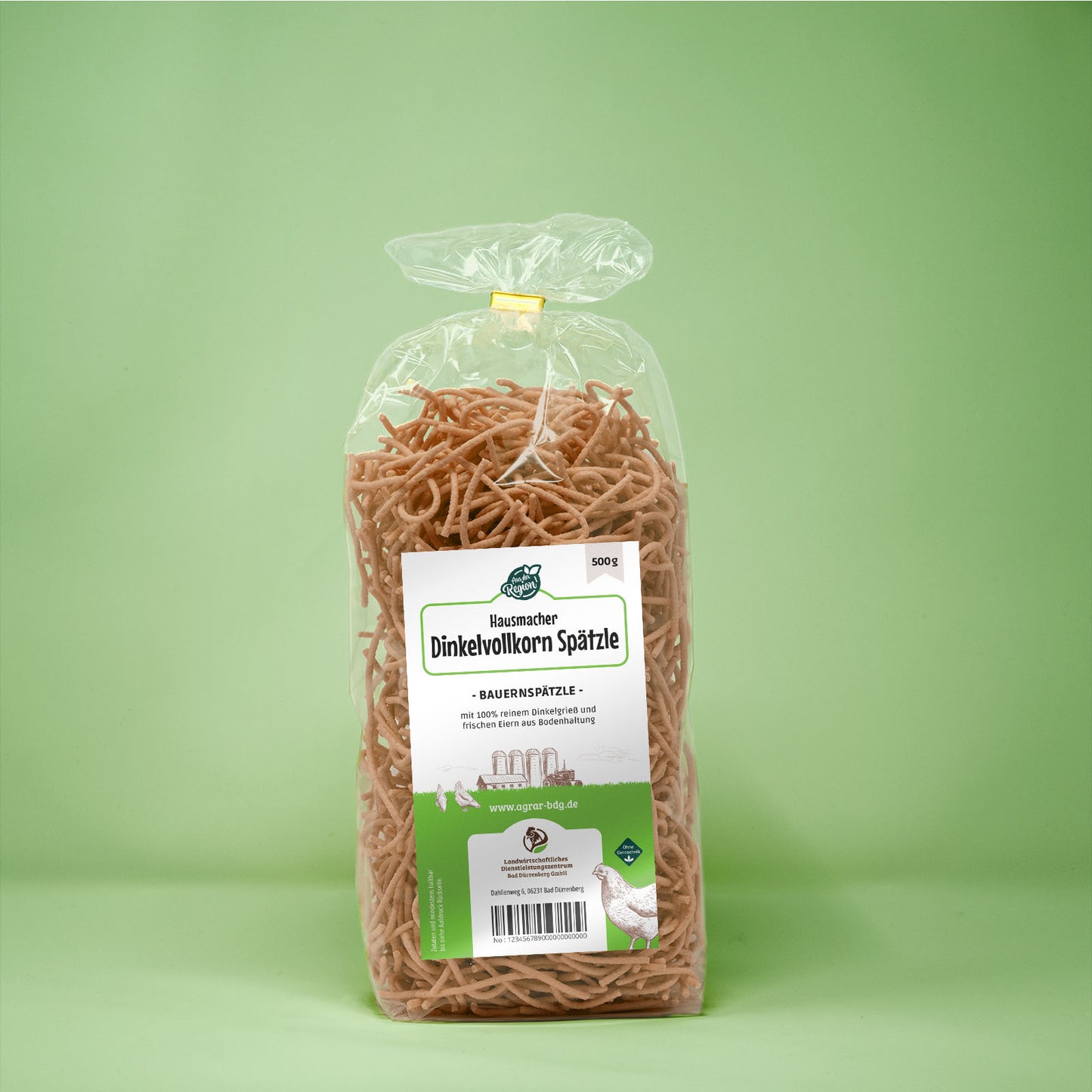 Frontalansicht von Dinkelvollkorn Bauernspaetzle 500 Gramm in einer Plastiktüte mit Etikett.