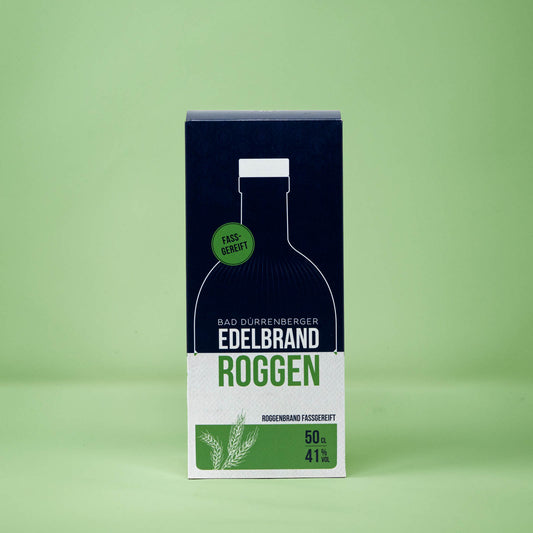 Frontalansicht der Pappverpackung Bad Duerrenberger Edelbrand Roggen 500 Milliliter.