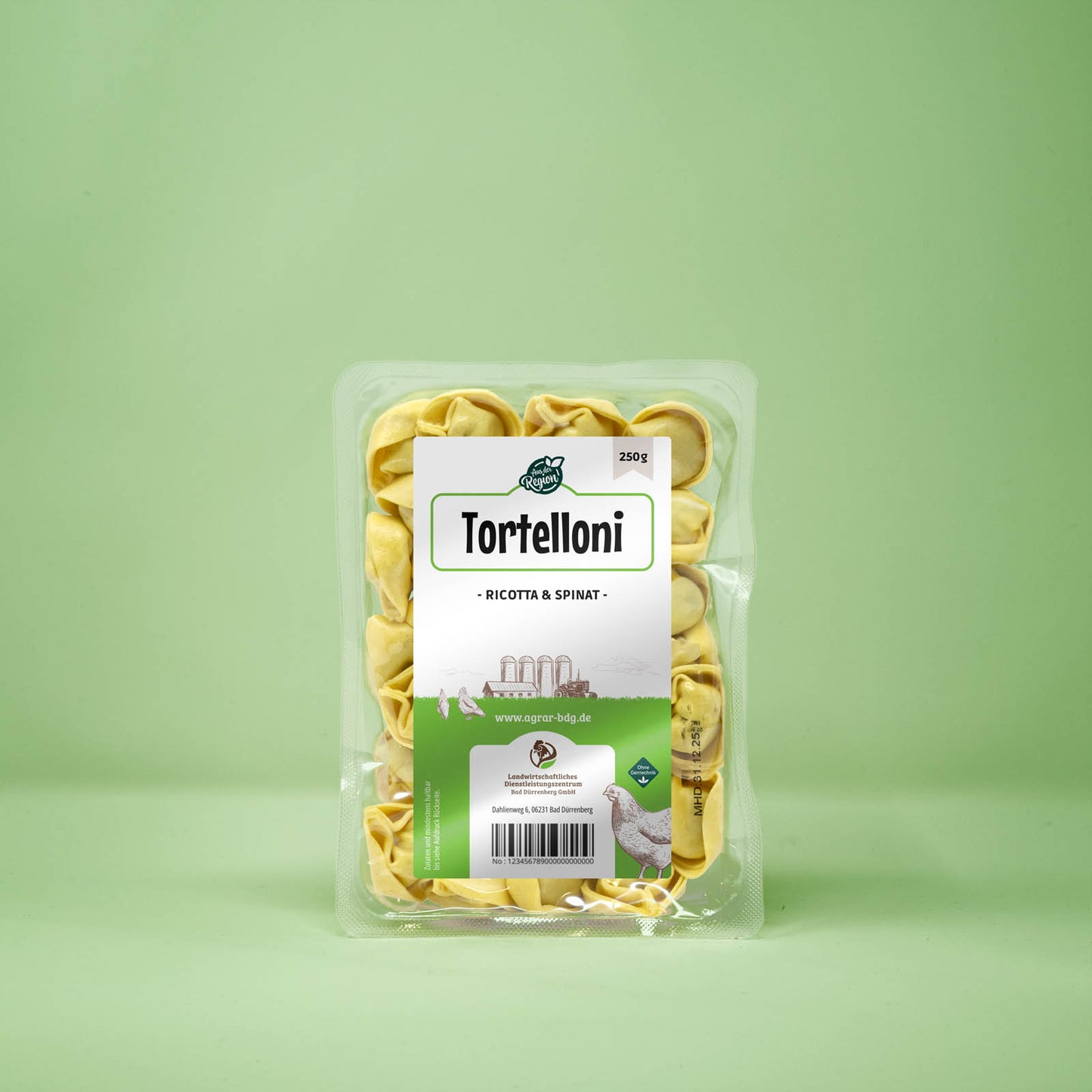 Frontalansicht von Tortelloni Ricotta und Spinat 250 Gramm in einer Plastikverpackung mit Etikett.