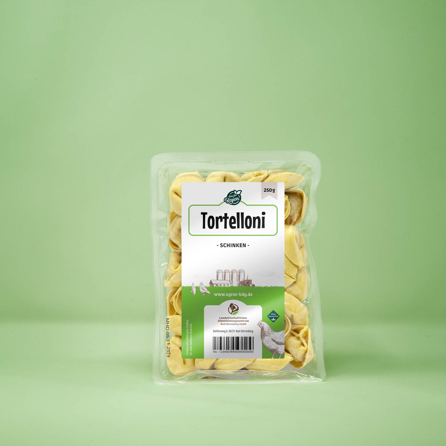 Frontalansicht von Tortelloni 250 Gramm in einer Plastikverpackung mit Etikett.
