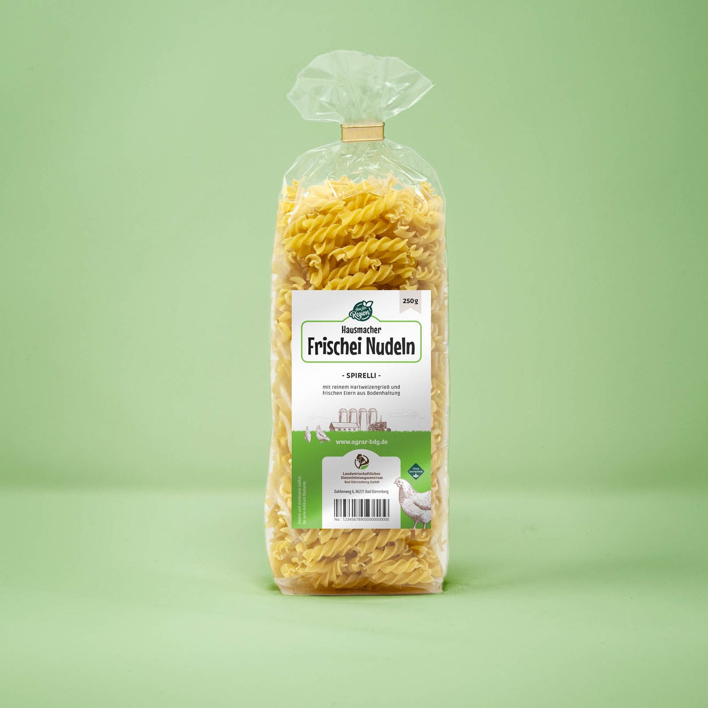 Frontalansicht von Hausmacher Frischei Spirelli 250 Gramm in einer Plastiktüte mit Etikett.