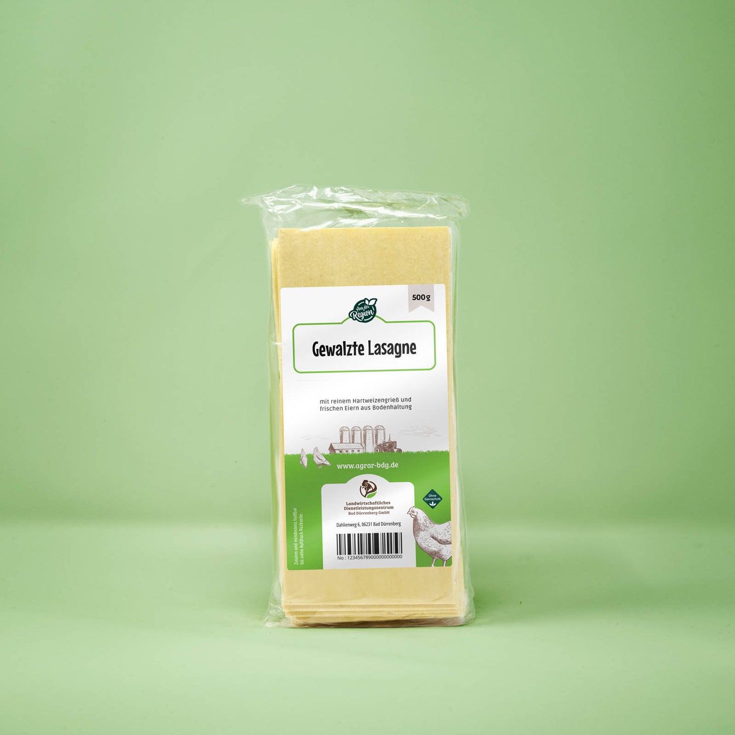 Frontalansicht von gewalzte Lasagne 500 Gramm in einer Plastiktüte mit Etikett.