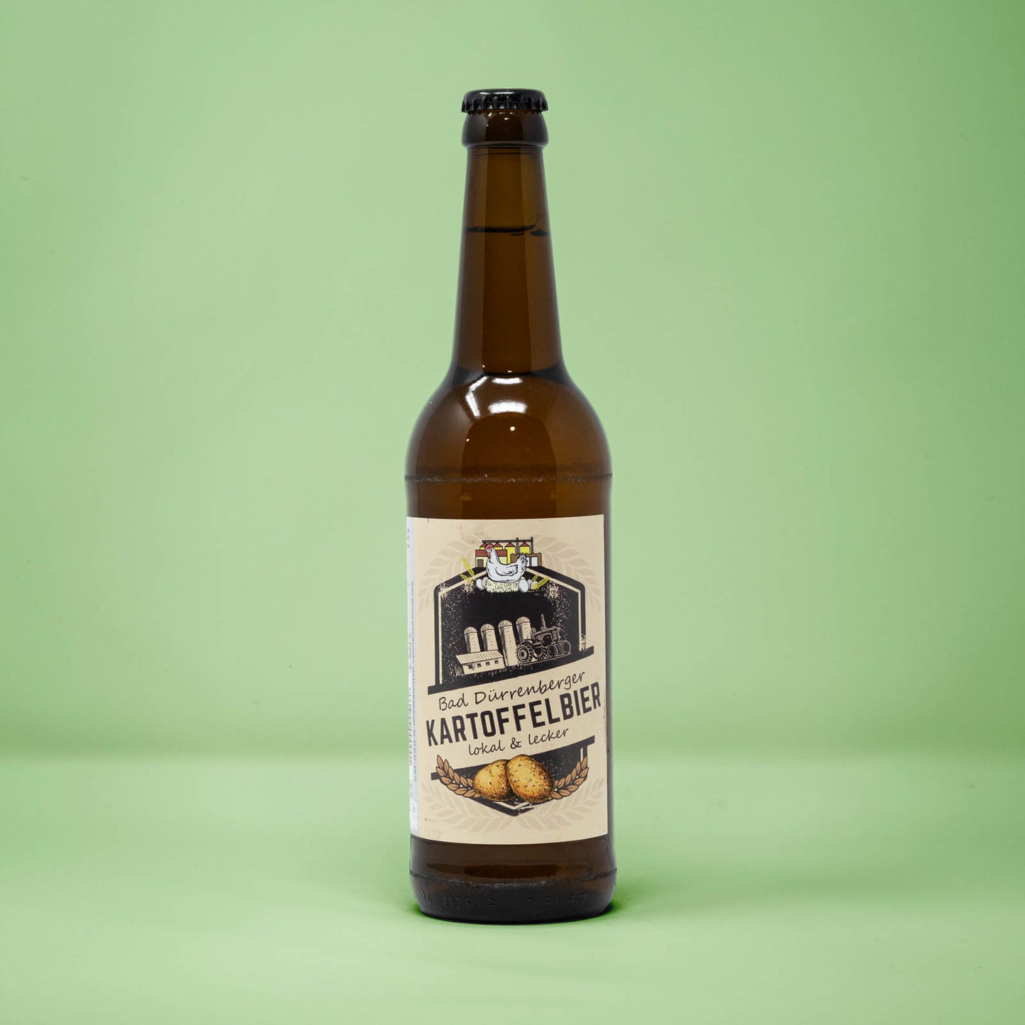 Frontalansicht von Bad Duerrenberger Kartoffelbier 500 Milliliter in einer Glasflasche mit Etikett.