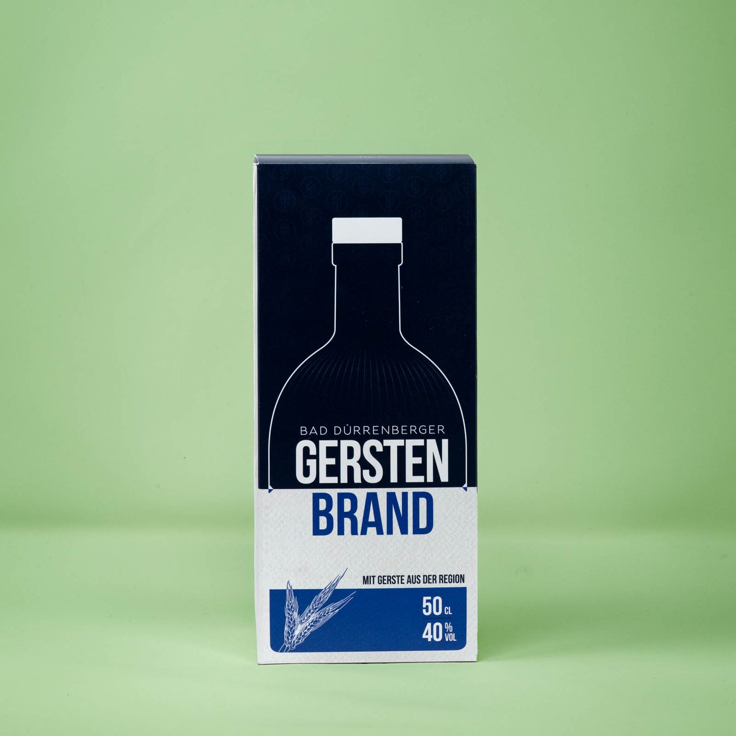 Frontalansicht Pappverpackung des Bad Duerrenberger Edelbrand Gerste 500 Milliliter.