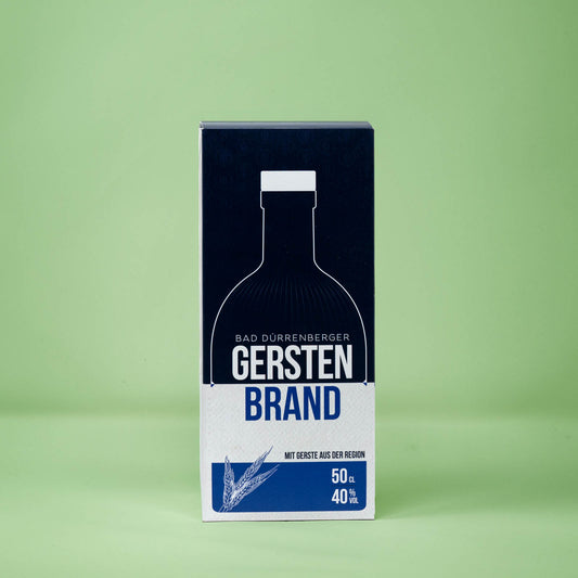 Frontalansicht Pappverpackung des Bad Duerrenberger Edelbrand Gerste 500 Milliliter.