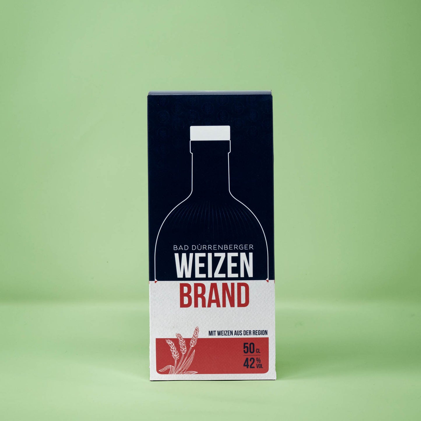 Frontalansicht der Pappverpackung Bad Duerrenberger Edelbrand Weizen 500 Milliliter.