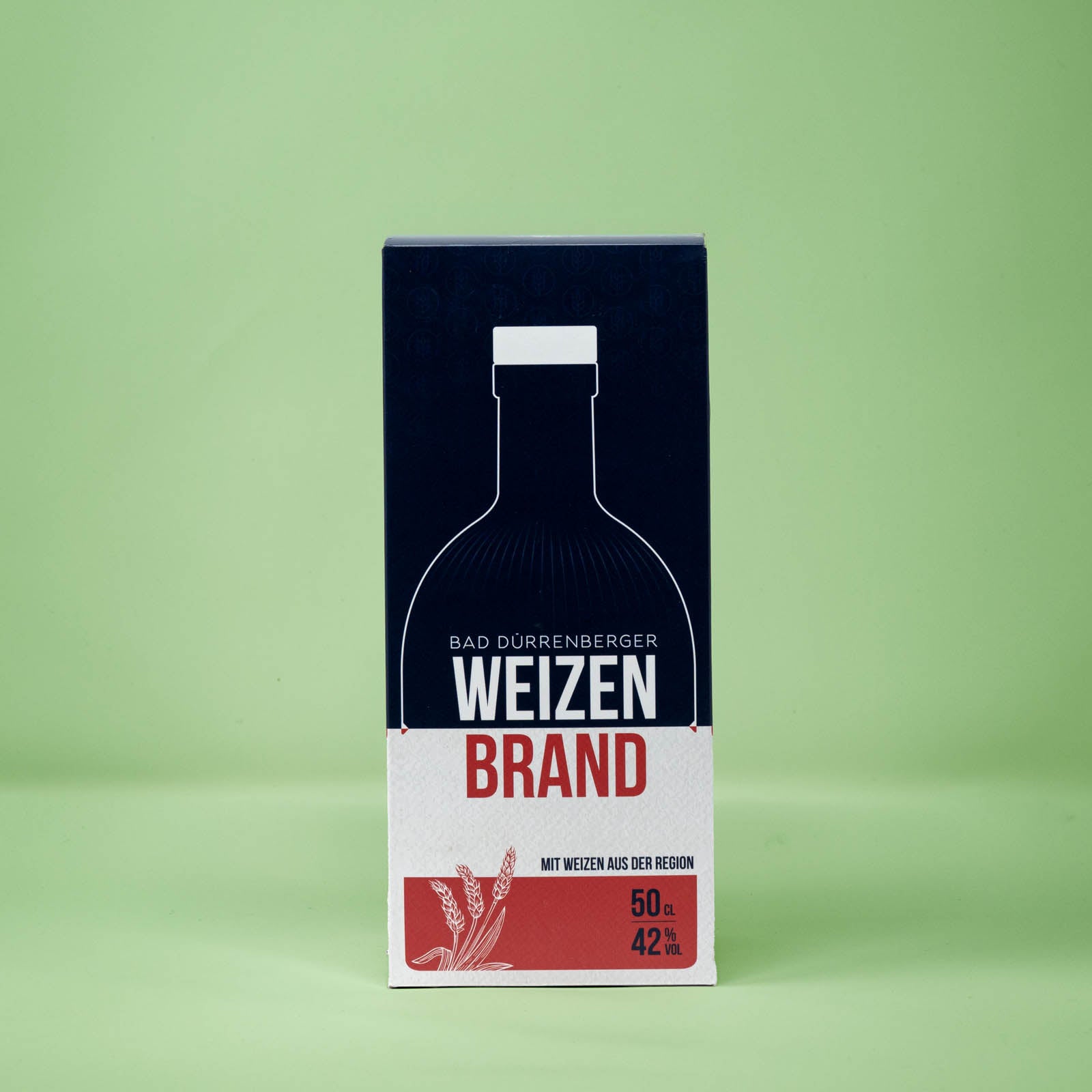 Frontalansicht der Pappverpackung Bad Duerrenberger Edelbrand Weizen 500 Milliliter.