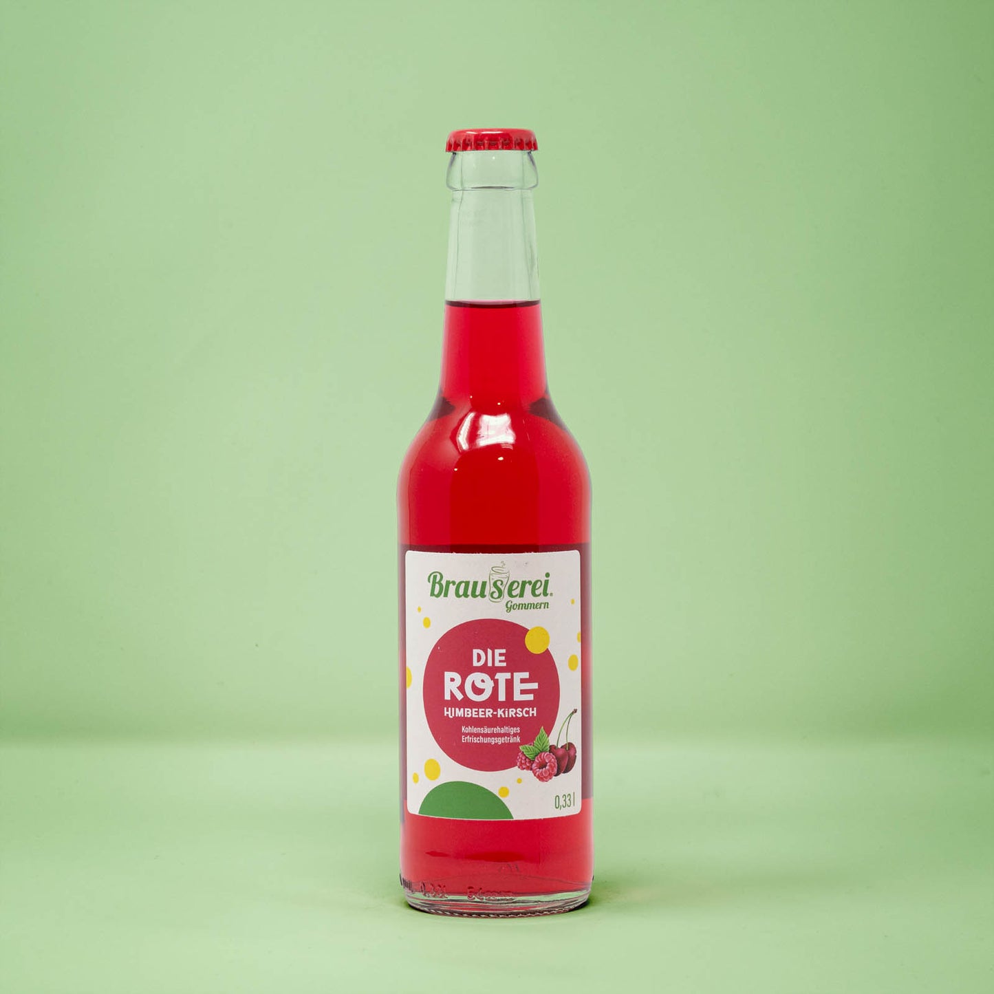 Frontalansicht von die Rote Brause 330 Milliliter in einer Glasflasche mit Etikett.