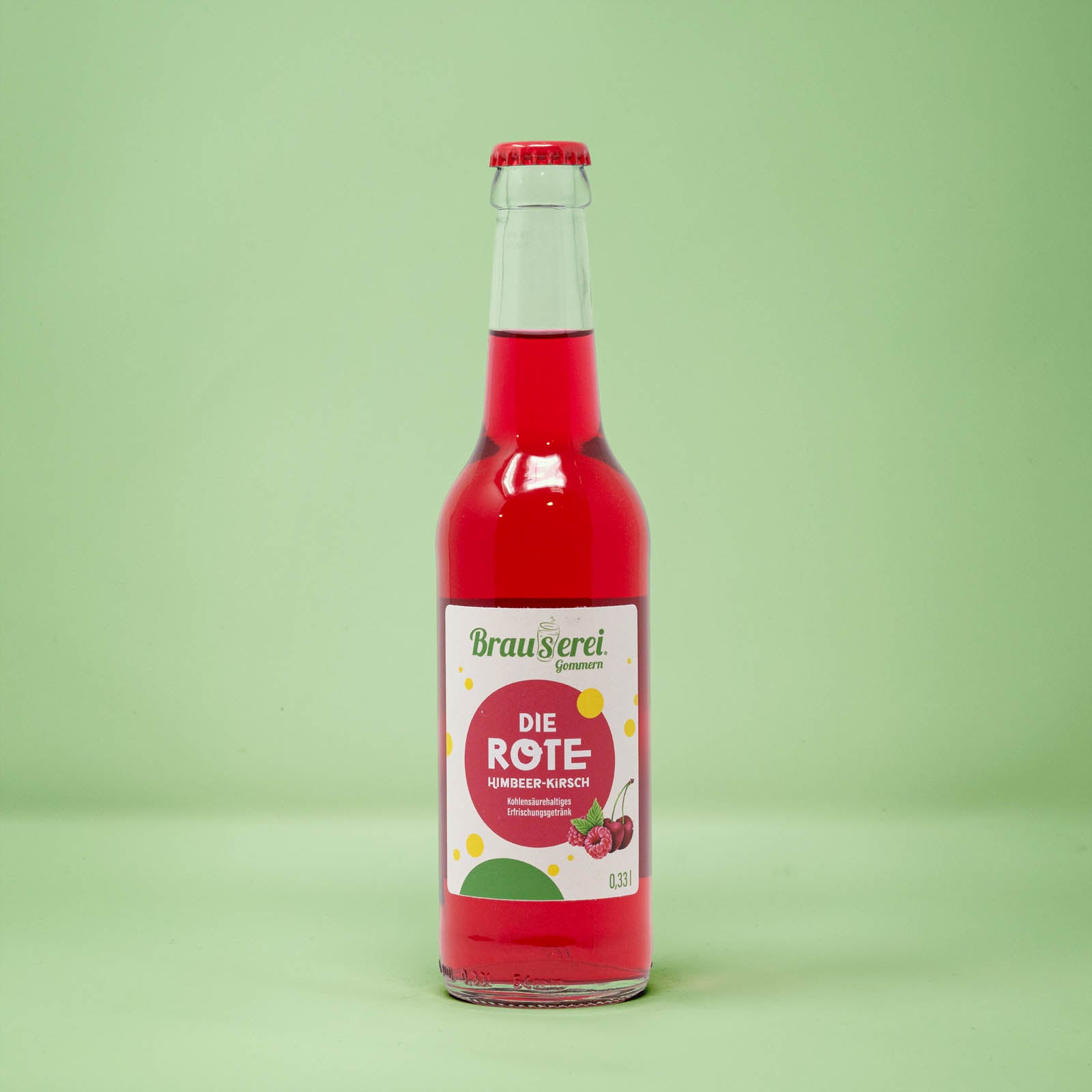 Frontalansicht von die Rote Brause 330 Milliliter in einer Glasflasche mit Etikett.