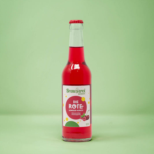 Frontalansicht von die Rote Brause 330 Milliliter in einer Glasflasche mit Etikett.