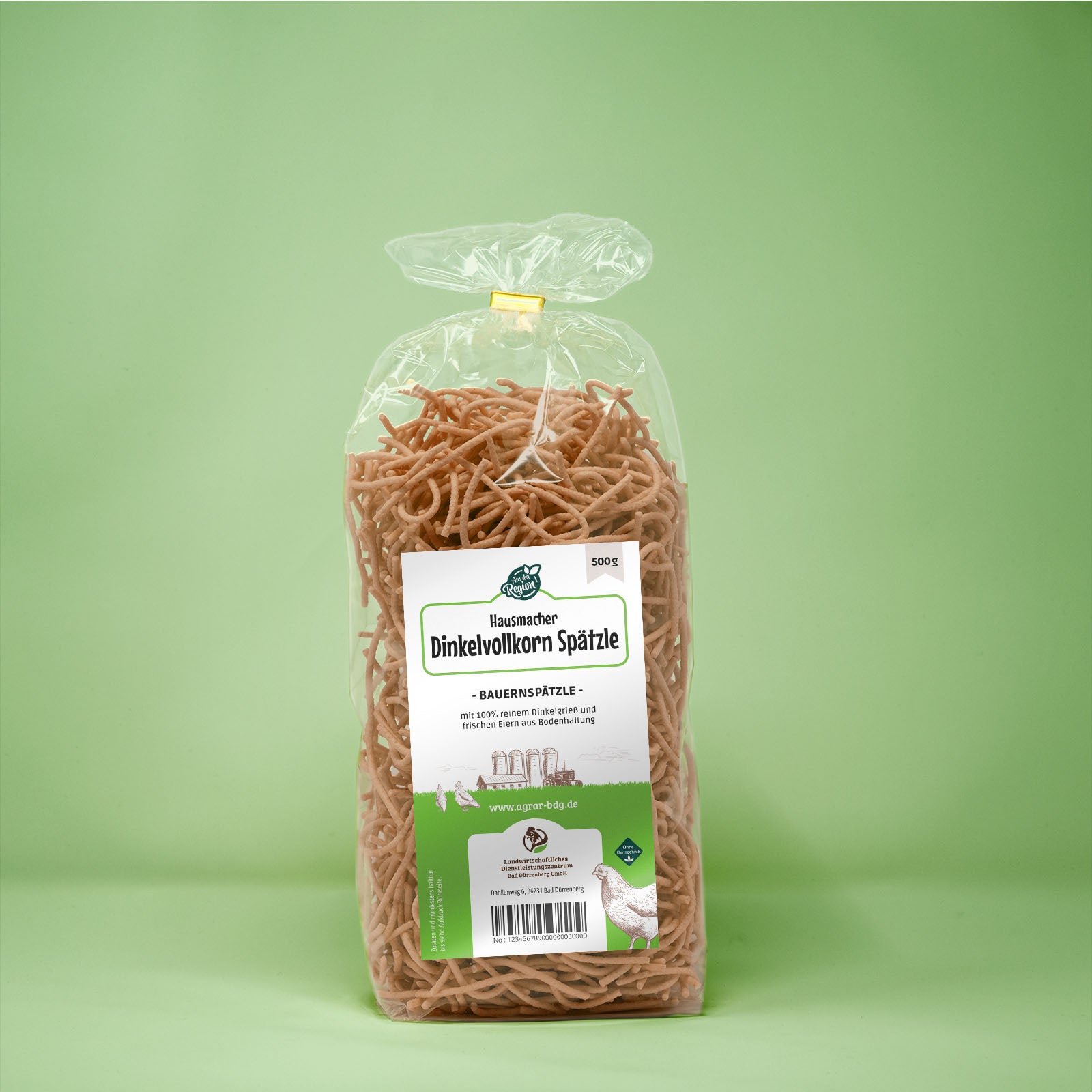 Frontalansicht von Dinkelvollkorn Bauernspaetzle 500 Gramm in einer Plastiktüte mit Etikett.