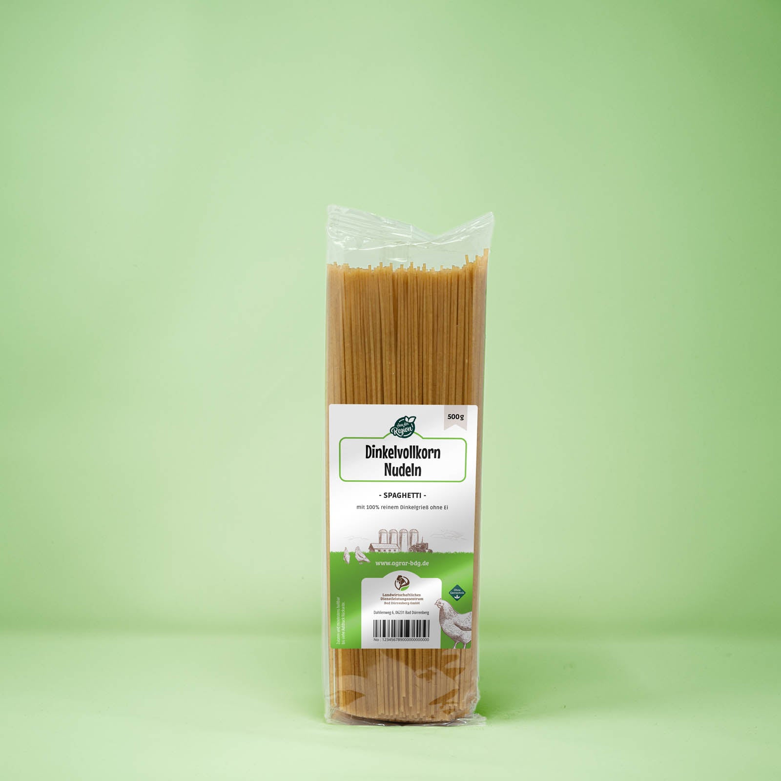 Frontalansicht von Dinkelvollkorn Nudeln Spaghetti 500 Gramm in einer Plastiktüte mit Etikett.