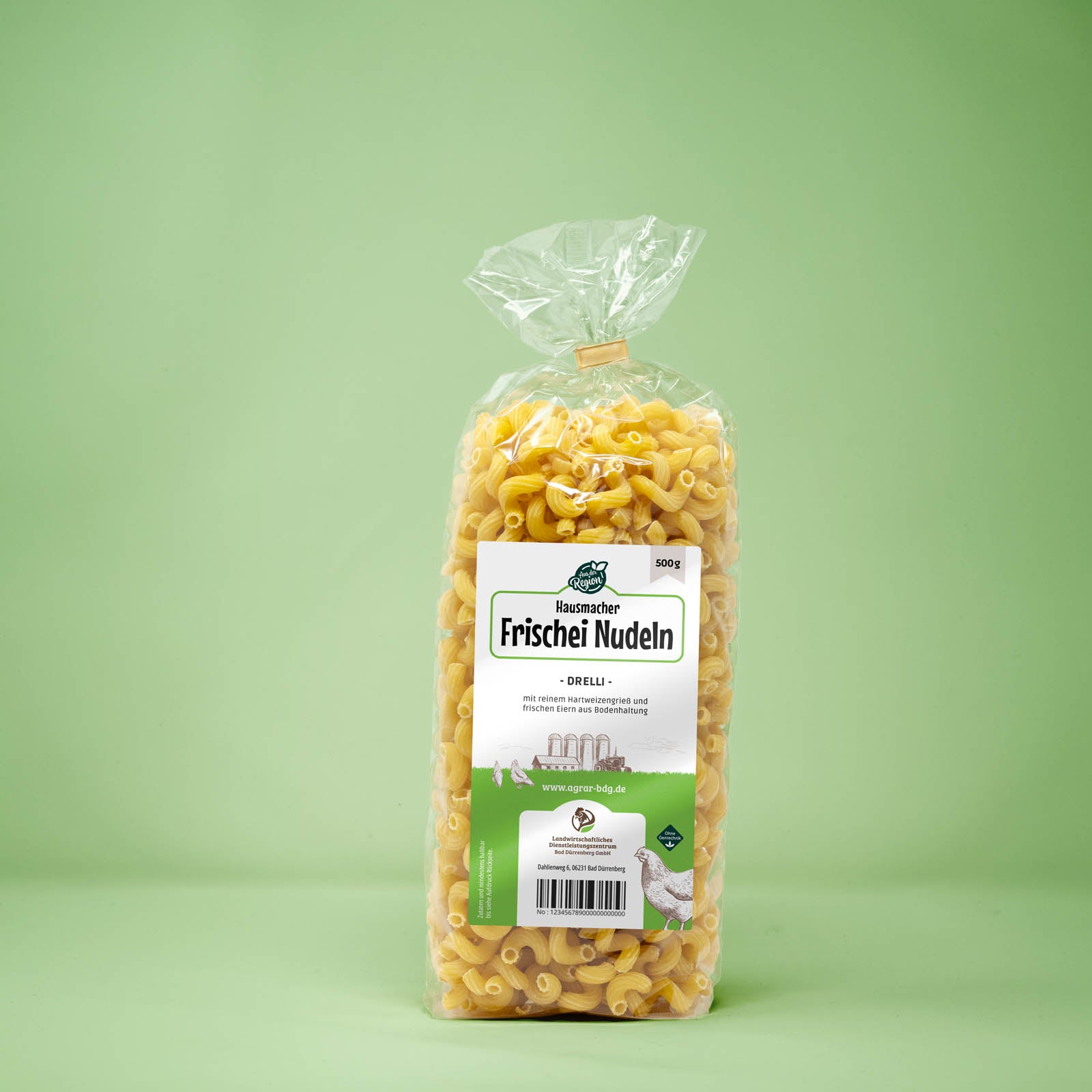 Frontalansicht von Hausmacher Frischei Drelli Nudeln 500 Gramm in einer Plastiktüte mit Etikett.