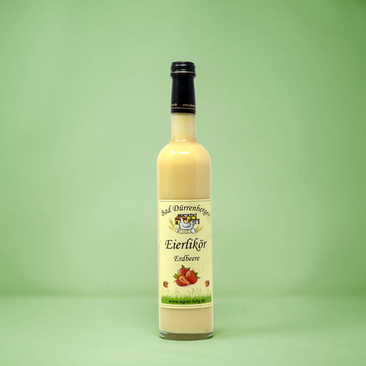 Frontalansicht von Bad Duerrenberger Eierlikoer Erdbeere 500 Milliliter in einer Glasflasche mit Etikett.