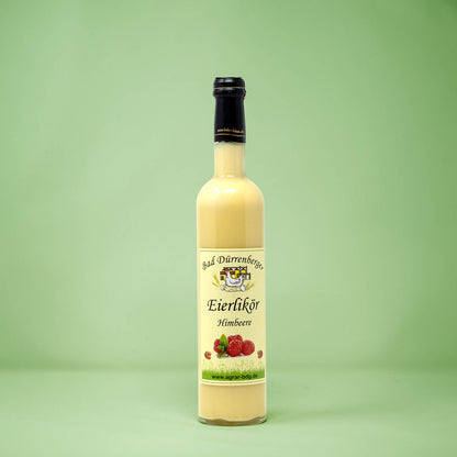 Frontalansicht von Bad Duerrenberger Eierlikoer Himbeere 500 Milliliter in einer Glasflasche mit Etikett.