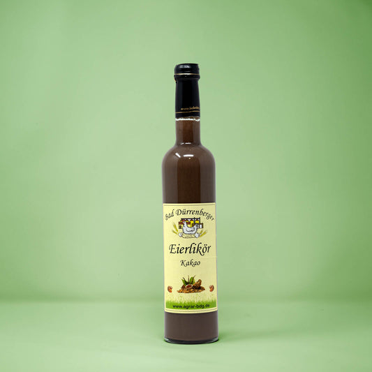 Frontalansicht von Bad Duerrenberger Eierlikoer Kakao 500 Milliliter in einer Glasflasche mit Etikett.