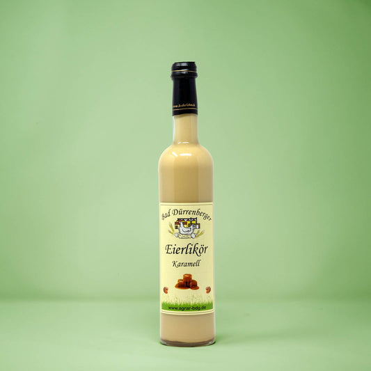 Frontalansicht von Bad Duerrenberger Eierlikoer Karamell 500 Milliliter in einer Glasflasche mit Etikett.