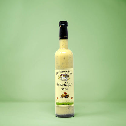 Frontalansicht von Bad Duerrenberger Eierlikoer Mohn 500 Milliliter in einer Glasflasche mit Etikett.