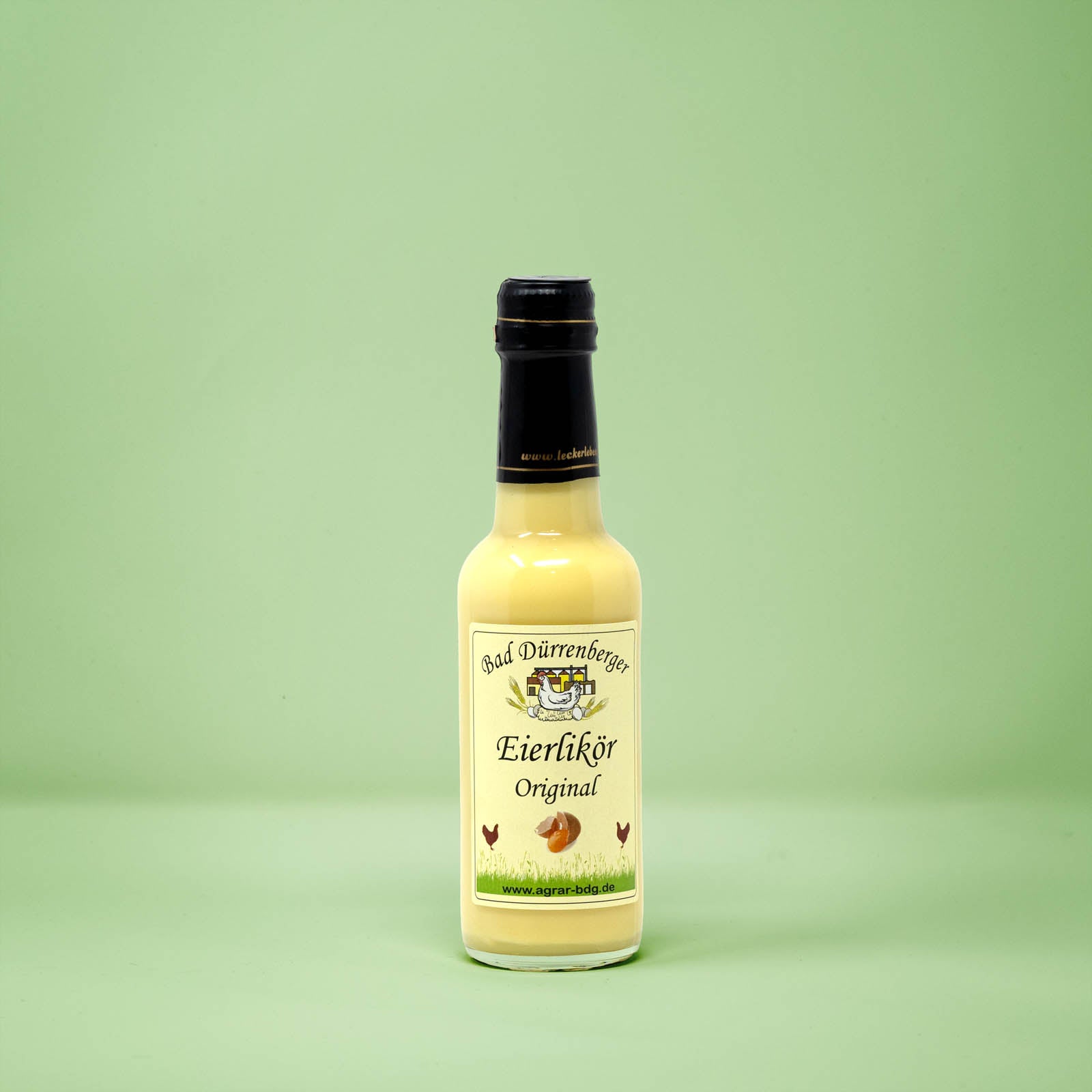 Frontalansicht von Bad Duerrenberger Original Eierlikoer 250 Milliliter in einer Glasflasche mit Etikett.