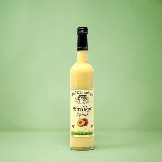 Frontalansicht von Bad Duerrenberger Eierlikoer Pfirsich 500 Milliliter in einer Glasflasche mit Etikett.
