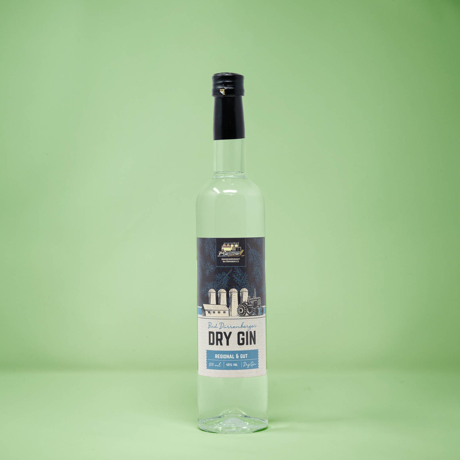Frontalansicht von Bad Duerrenberger Dry Gin 500 Milliliter in einer Glasflasche mit Etikett.