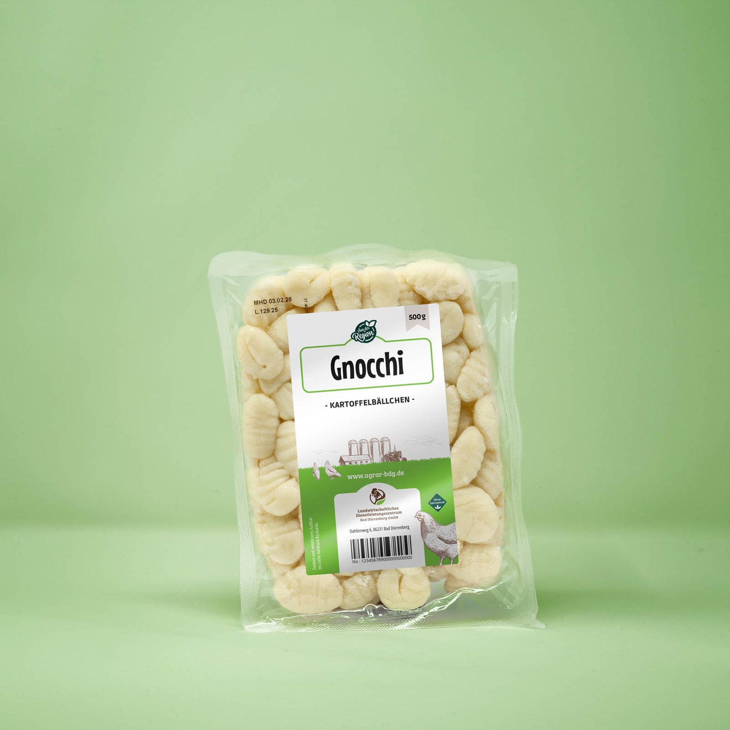 Frontalansicht von Gnocci Kartoffelbaellchen 500 Gramm in einer Plastikverpackung mit Etikett.