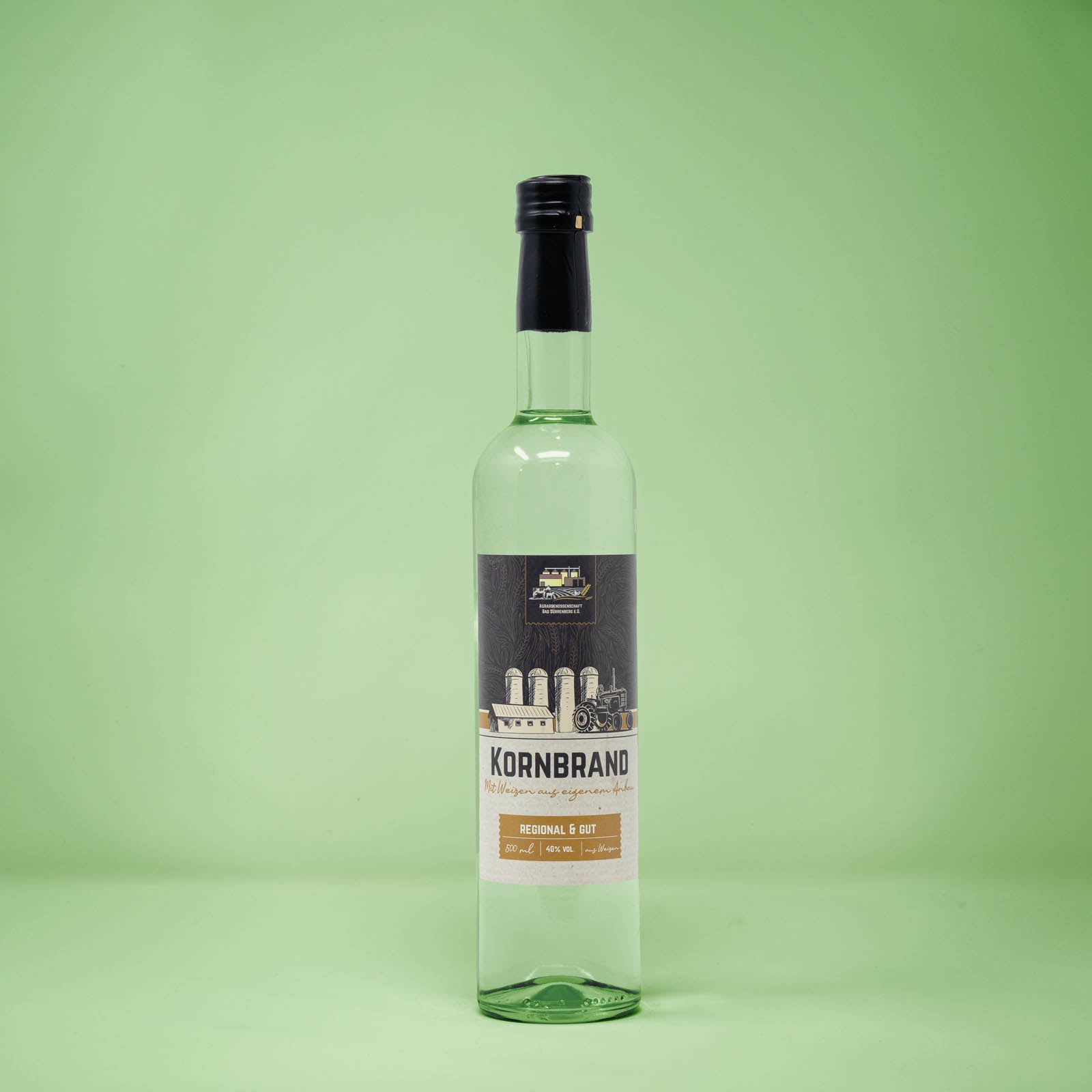 Frontalansicht von Bad Duerrenberger Kornbrand 500 Milliliter in einer Glasflasche mit Etikett.