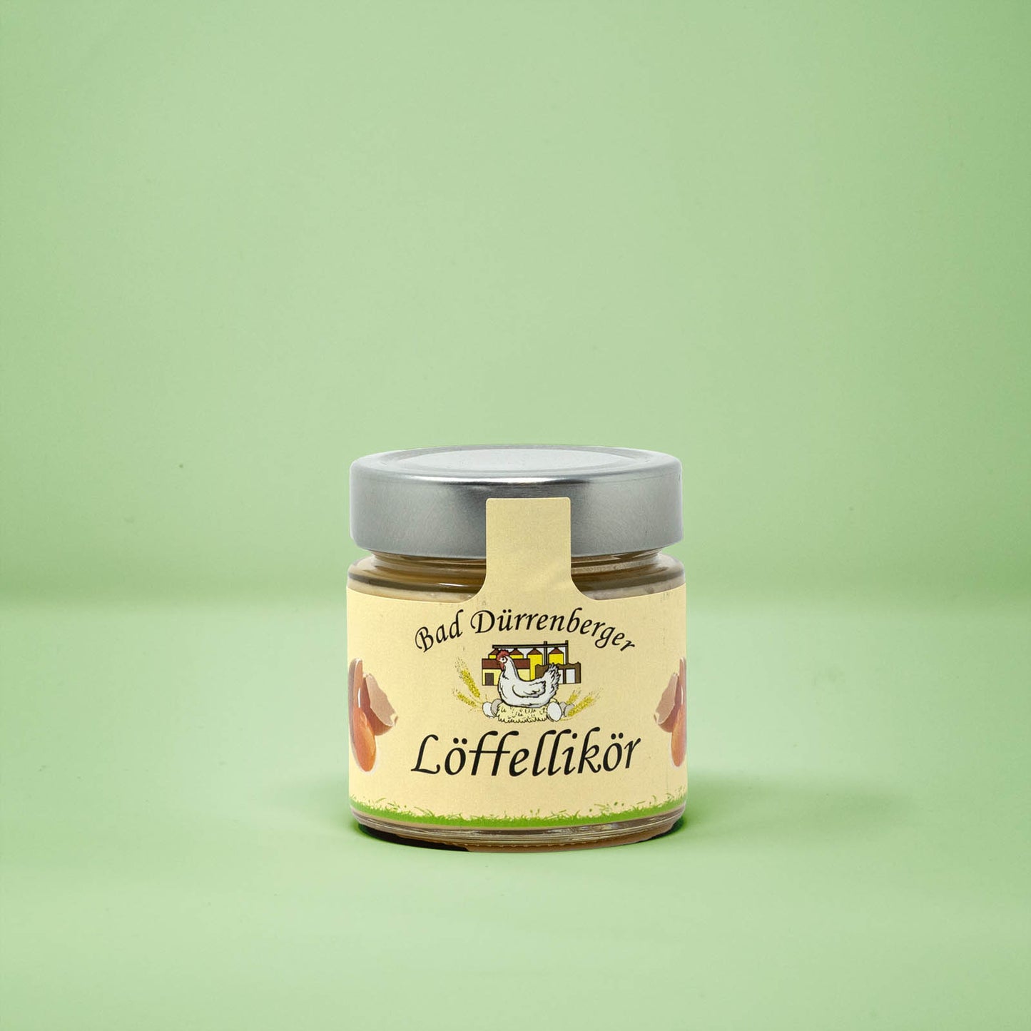 Frontalansicht von Bad Duerrenberger Original Loeffellikoer 200 Milliliter in einem Glas mit Etikett.