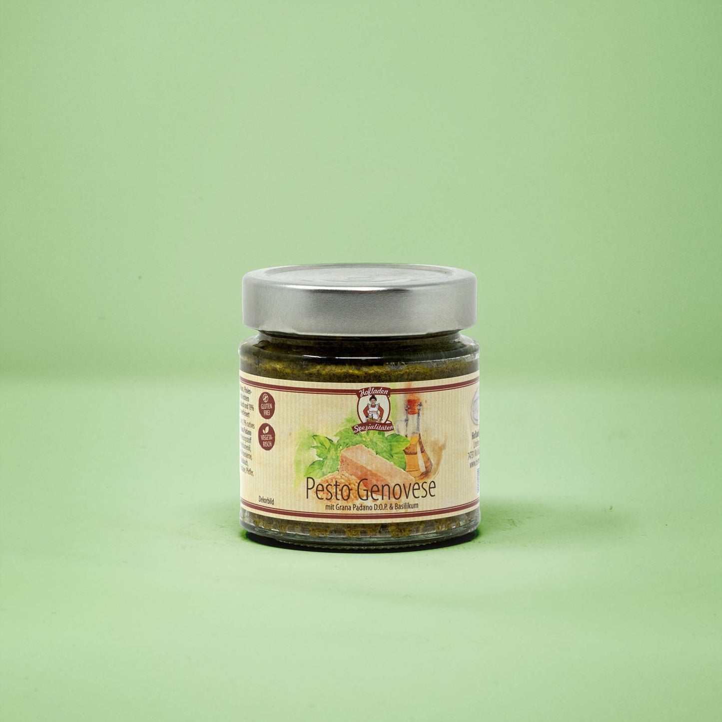 Frontalansicht von Pesto Genovese 180 Gramm in einem Glas mit Etikett.