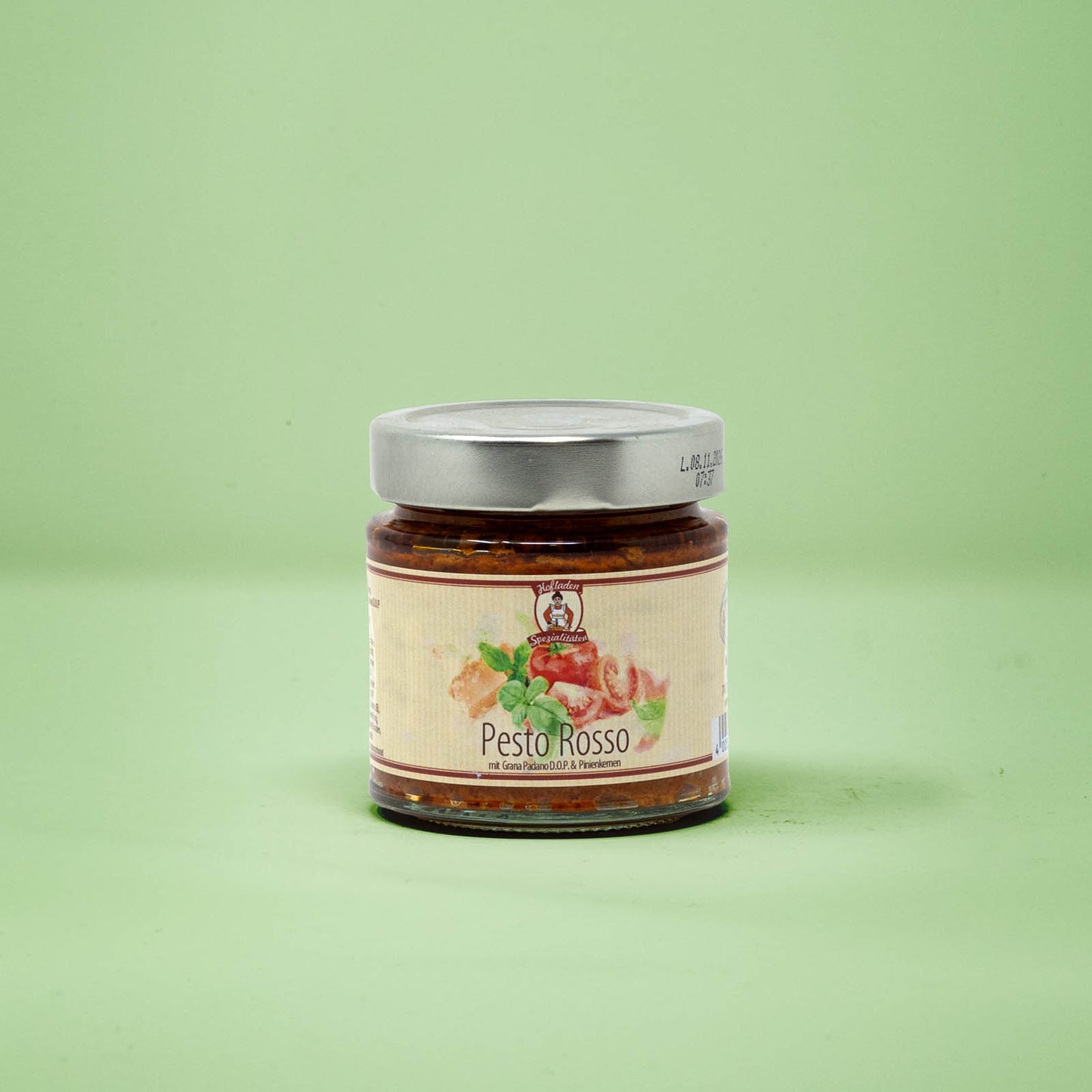 Frontalansicht von Pesto Rosso 180 Gramm in einem Glas mit Etikett.