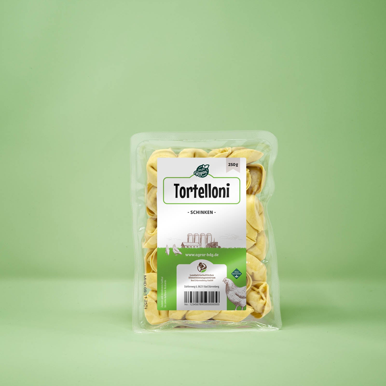 Frontalansicht von Tortelloni 250 Gramm in einer Plastikverpackung mit Etikett.