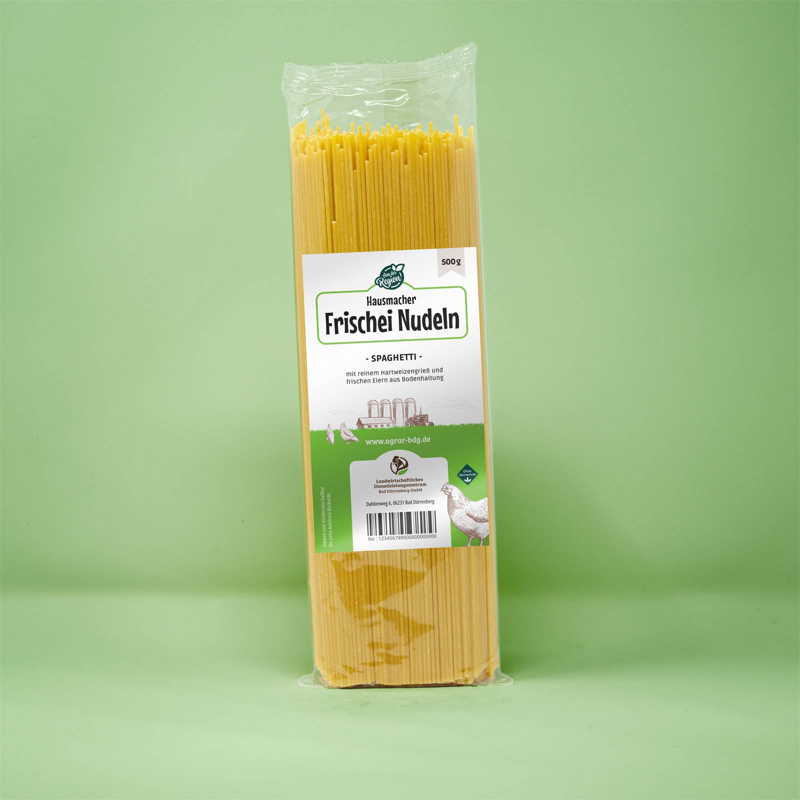 Frontalansicht von Hausmacher Frischei Spaghetti 500 Gramm in einer Plastiktüte mit Etikett.