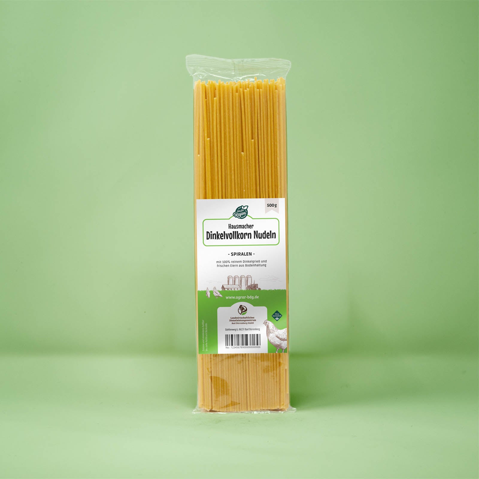 Frontalansicht von Hausmacher Frischei Spaghetti 250 Gramm in einer Plastiktüte mit Etikett.