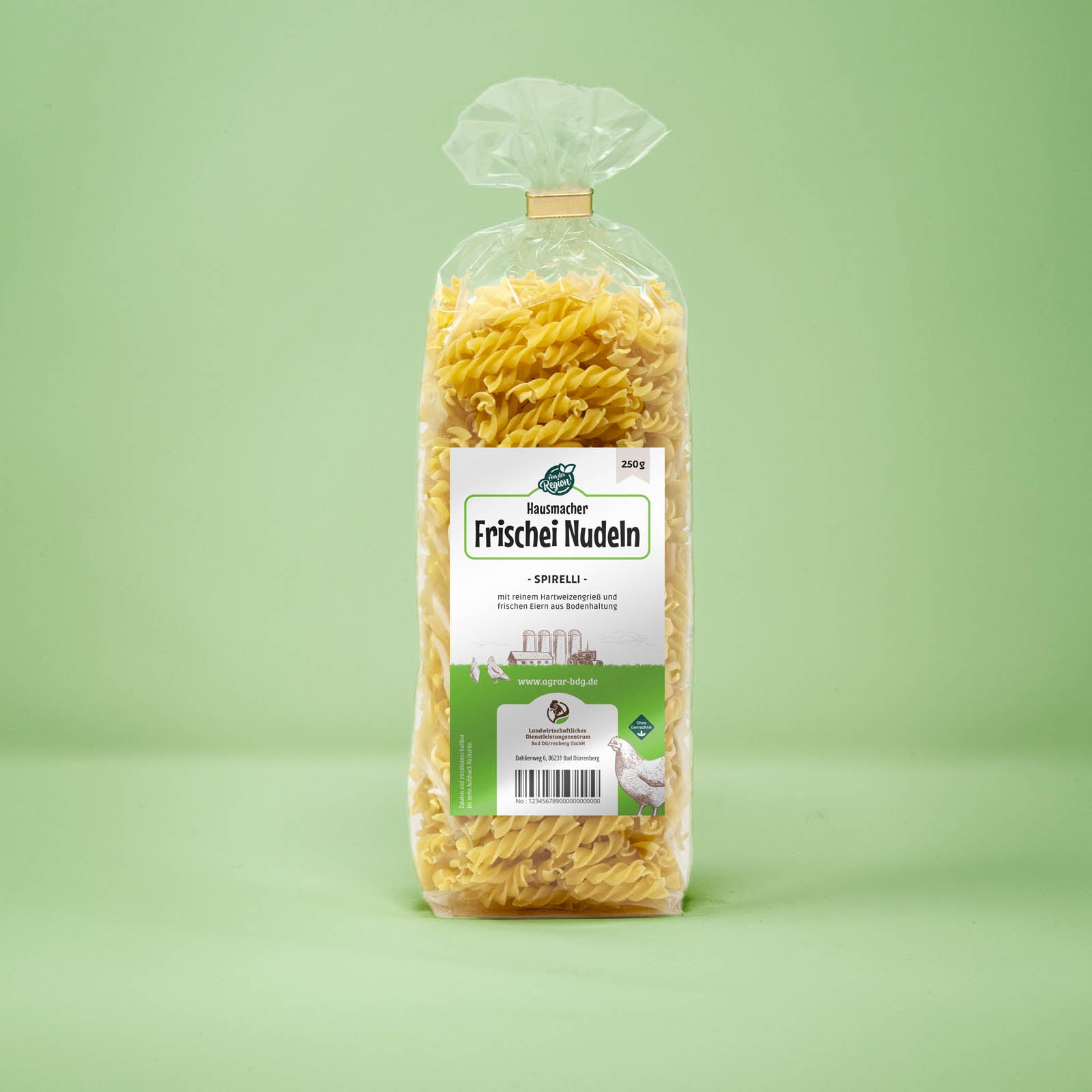 Frontalansicht von Hausmacher Frischei Spirelli 250 Gramm in einer Plastiktüte mit Etikett.