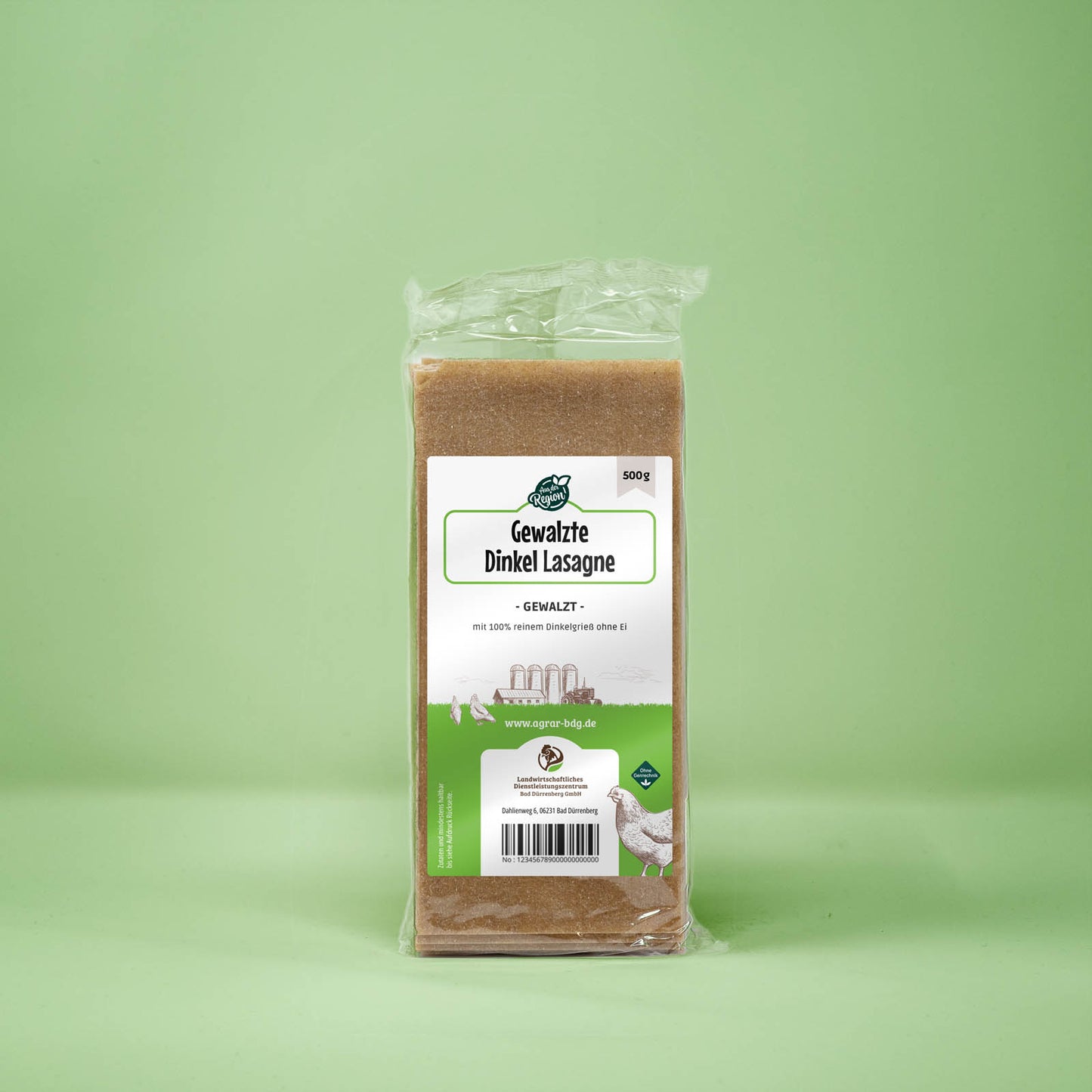 Frontalansicht von gewalzter Dinkel Lasagne 500 Gramm in einer Plastiktüte mit Etikett.