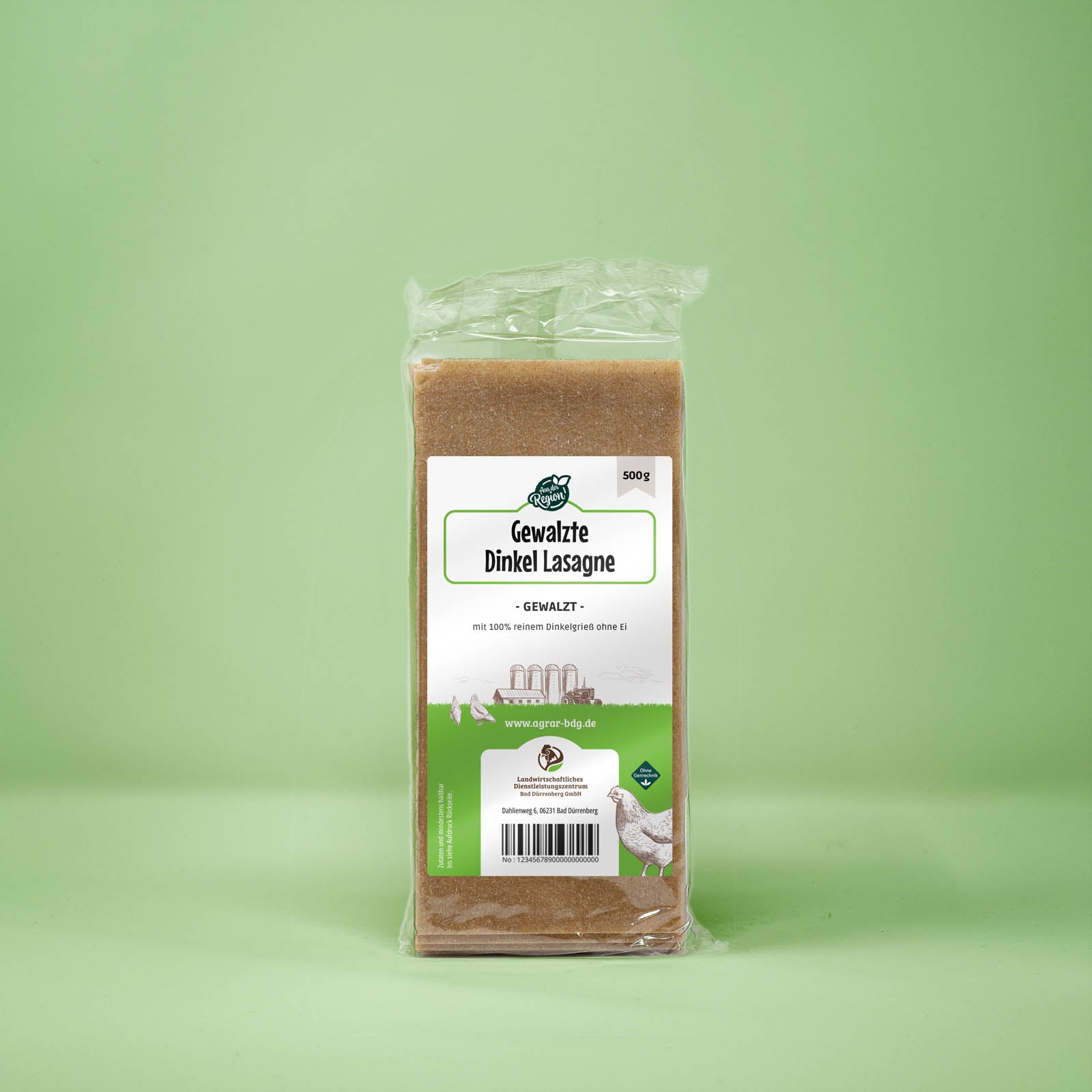 Frontalansicht von gewalzter Dinkel Lasagne 500 Gramm in einer Plastiktüte mit Etikett.