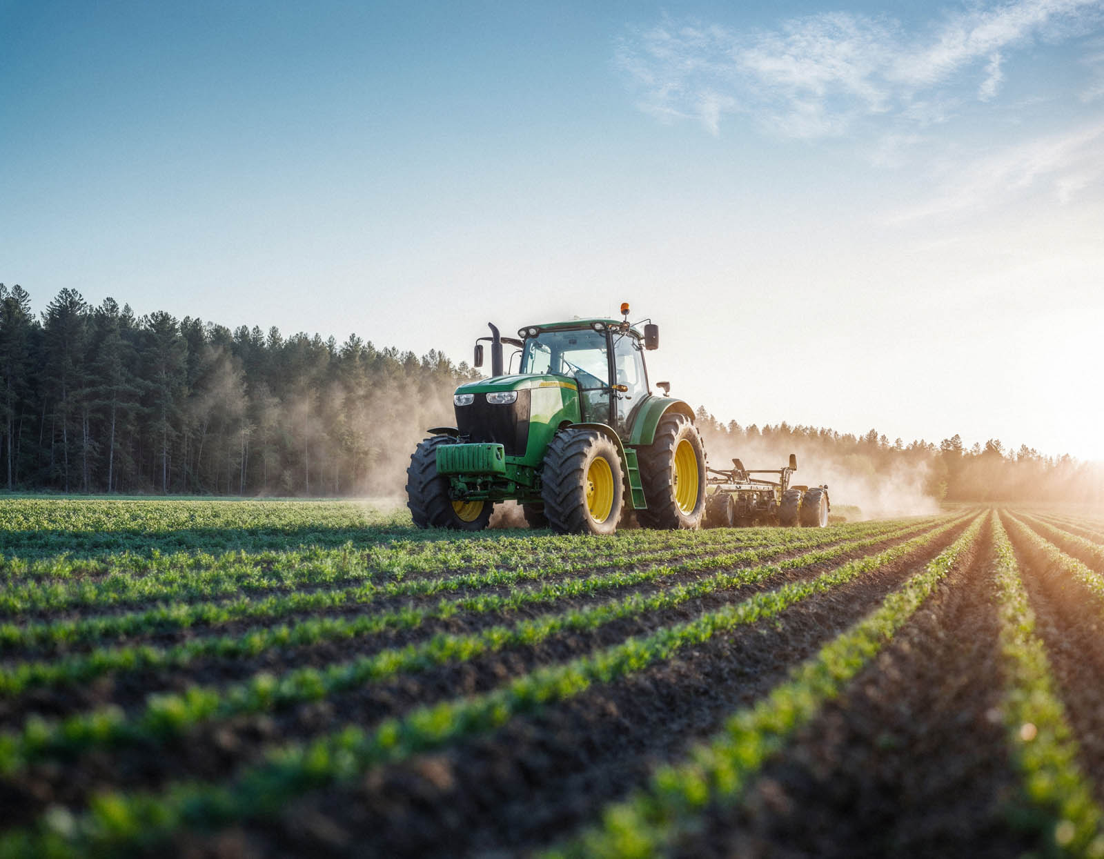 Ein grüner Traktor bearbeitet bei Sonnenaufgang ein weites Feld, während Staub aufsteigt und die jungen Pflanzenreihen im warmen Licht glänzen.